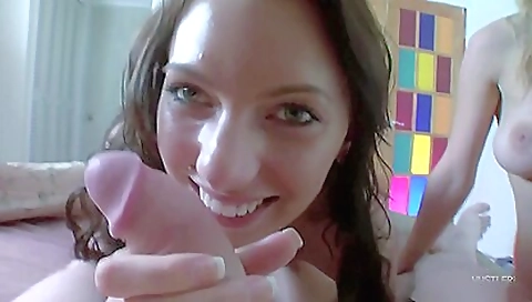 Blonde brunette girl is getting a cumshot and handjob