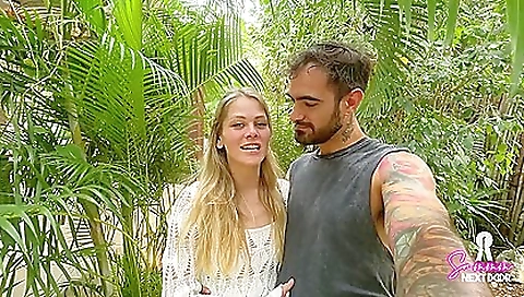Busty blonde with a hairy pussy is getting fucked in the jungle