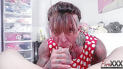 Busty adult in a favorite outfit gives a deepthroat action