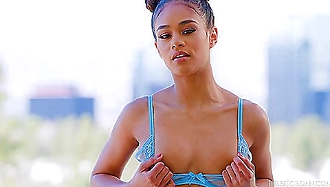 Big cock brunette teen babe is in front of a white monster cock